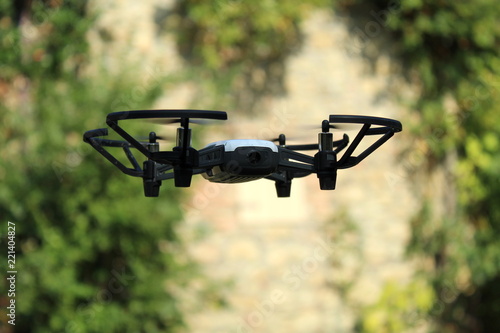 Drone flying with nature, sky and green background