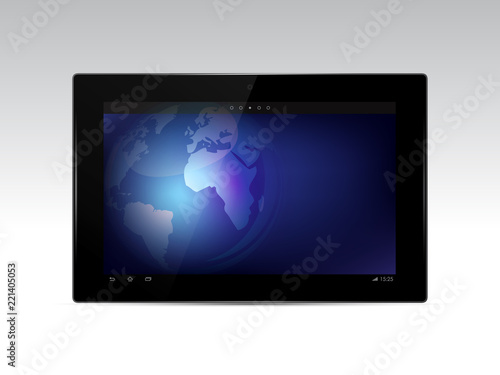 Black tablet with earth globe on the screen isolated on white background. Vector illustration.