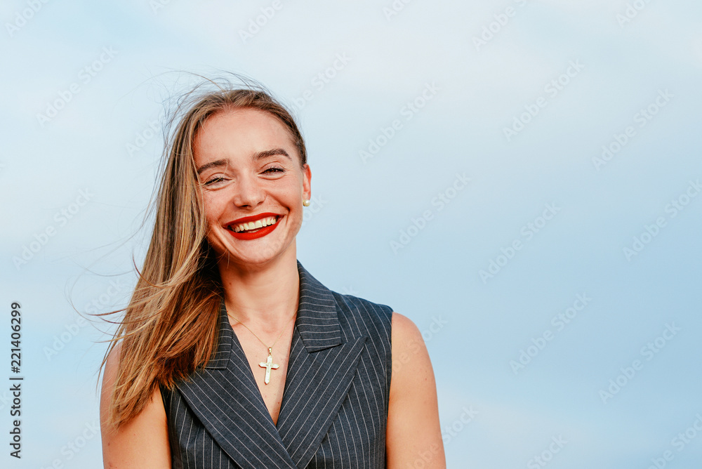 portrait of laughing beautiful, stylish, elegant, white, young woman outdoor portrait of laughing beautiful, stylish, elegant, white, young woman outdoor