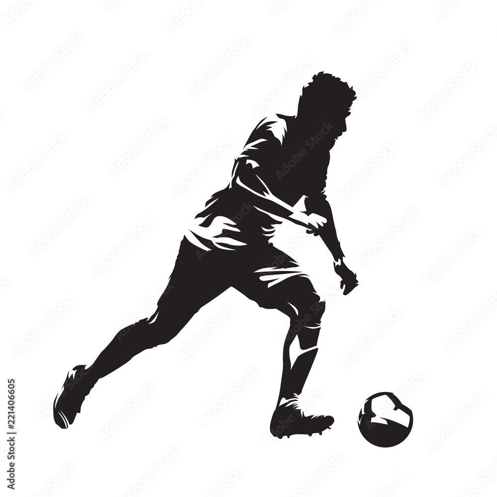 Soccer player running with ball, isolated vector silhouette, side view footballer
