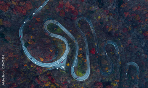 Beautiful curvy street on the Nikko mountain, Japan. Aerial view