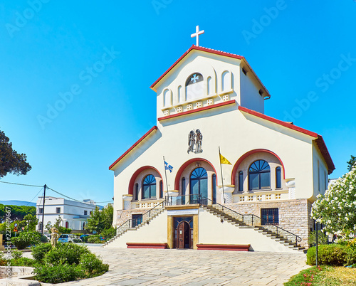 Principal facade of The Church of Evangelismos, Kos Town Cathedral. View from Vasileos Georgiou street. South Aegean region, Greece.