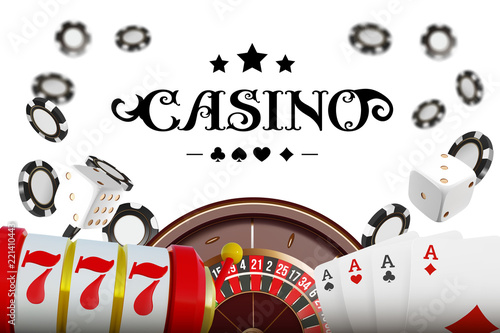 Casino background roulette wheel with playing cards, dice and chips. Online casino poker table concept design. Top view of white dice and chips on blue background. Casino sign. 3d vector illustration.