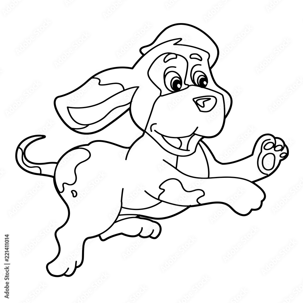cartoon scene with a dog jumping and running - vector coloring page ...