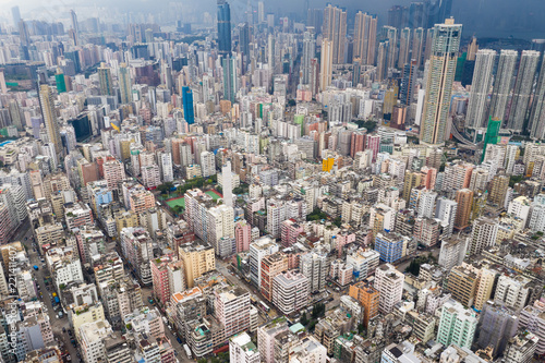 Aerial view of Hong Kong district with thunderstorm