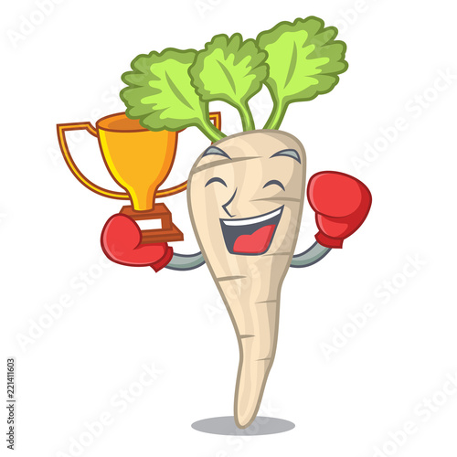 Boxing winner fresh organic parsnip vegetable cartoon style