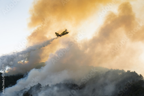 Aerial firefighting with Canadair plane on a big wildfire. Firemen on a water bomber aircraft fighting flames in forest.