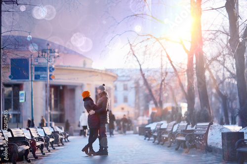 Photography blurred background couple in love in the spring city