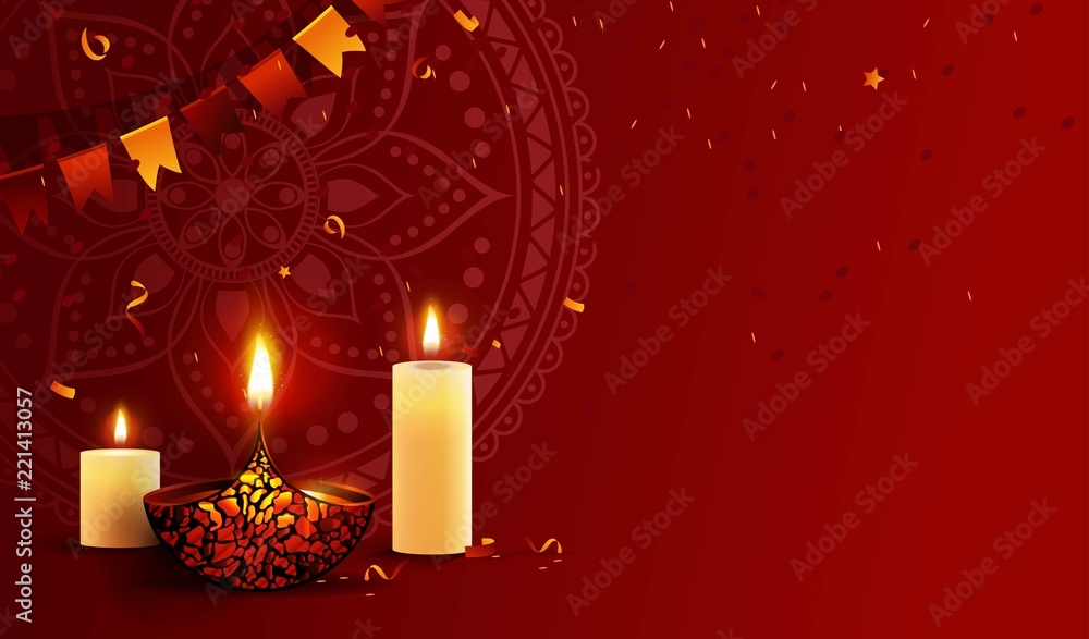 Diwali festival of lights red background. DIwali holiday shiny banner with diya lamp, candles, bunting flags and rangoli. Vector illustration Diwali festival of lights red background. DIwali holiday shiny banner with diya lamp, candles, bunting flags and rangoli. Vector illustration