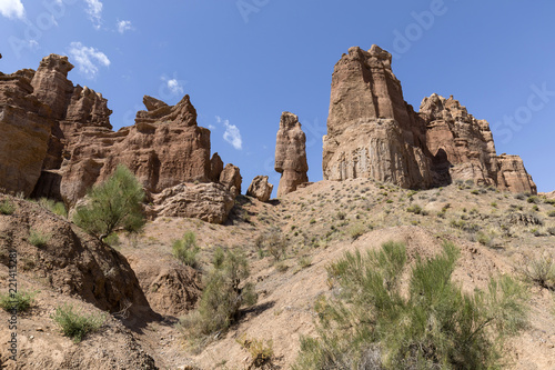 Views within the Charyn Canyon to the reddish sandstone cliffs. The canyon is also called valley of castles and is located east of Almaty in Kazakhstan. © Fredy Thürig