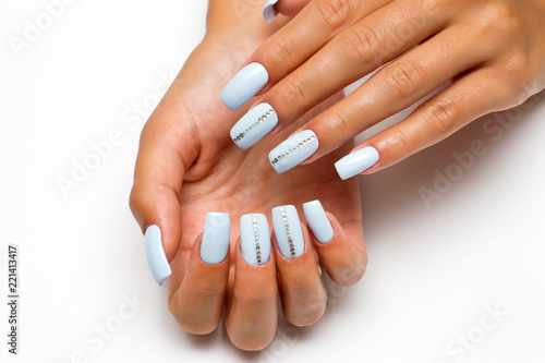 summer blue  heavenly nails with crystals on long square nails