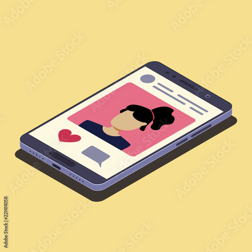 Social media concept. Smartphone and social network photo. Isometric composition. Vector illustration