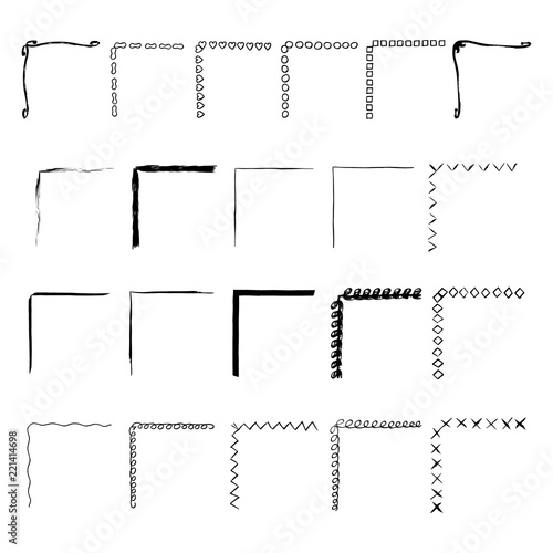 Grunge hand drawn corners. Sketched vector illustration. Isolated borders.