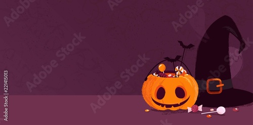 Happy halloween holiday background with pumpkin, witch hat, ghosts and candies. Vector illustration