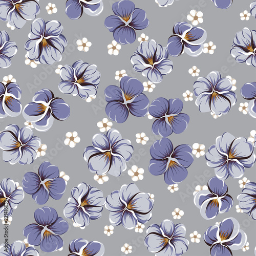 vector seamless pattern with violet leaves  violaceous flowers and small white simple flowers on a gray background