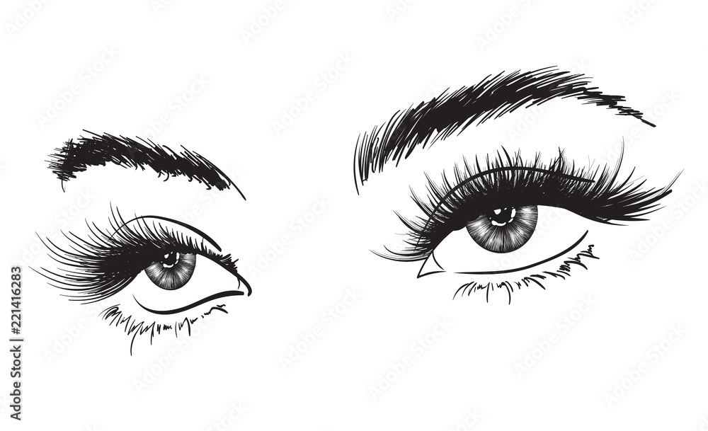 Hand-drawn woman's luxurious eye with perfectly shaped eyebrows and full lashes. Idea for business visit card, typography vector. Perfect salon look. Hand-drawn woman's luxurious eye with perfectly shaped eyebrows and full lashes. Idea for business visit card, typography vector. Perfect salon look.