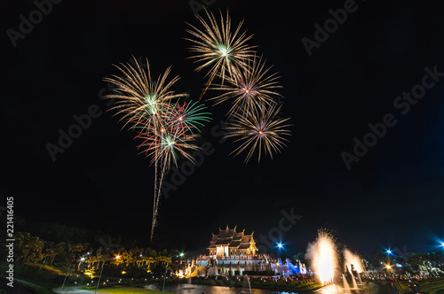 Colorful fireworks display with Royal Pavilion  Ho Kum Luang  at Rajapruek Royal Park  Chiangmai  Thailand