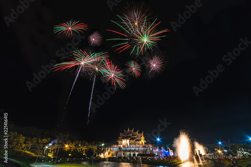 Colorful fireworks display with Royal Pavilion (Ho Kum Luang) at Rajapruek Royal Park, Chiangmai, Thailand