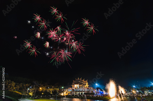 Colorful fireworks display with Royal Pavilion (Ho Kum Luang) at Rajapruek Royal Park, Chiangmai, Thailand