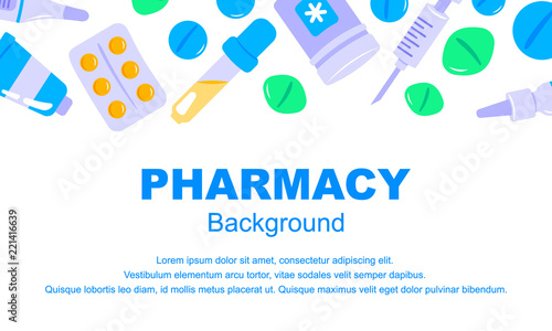 Horizontal pharmacy background in flat style. Vector illustration. Space for text