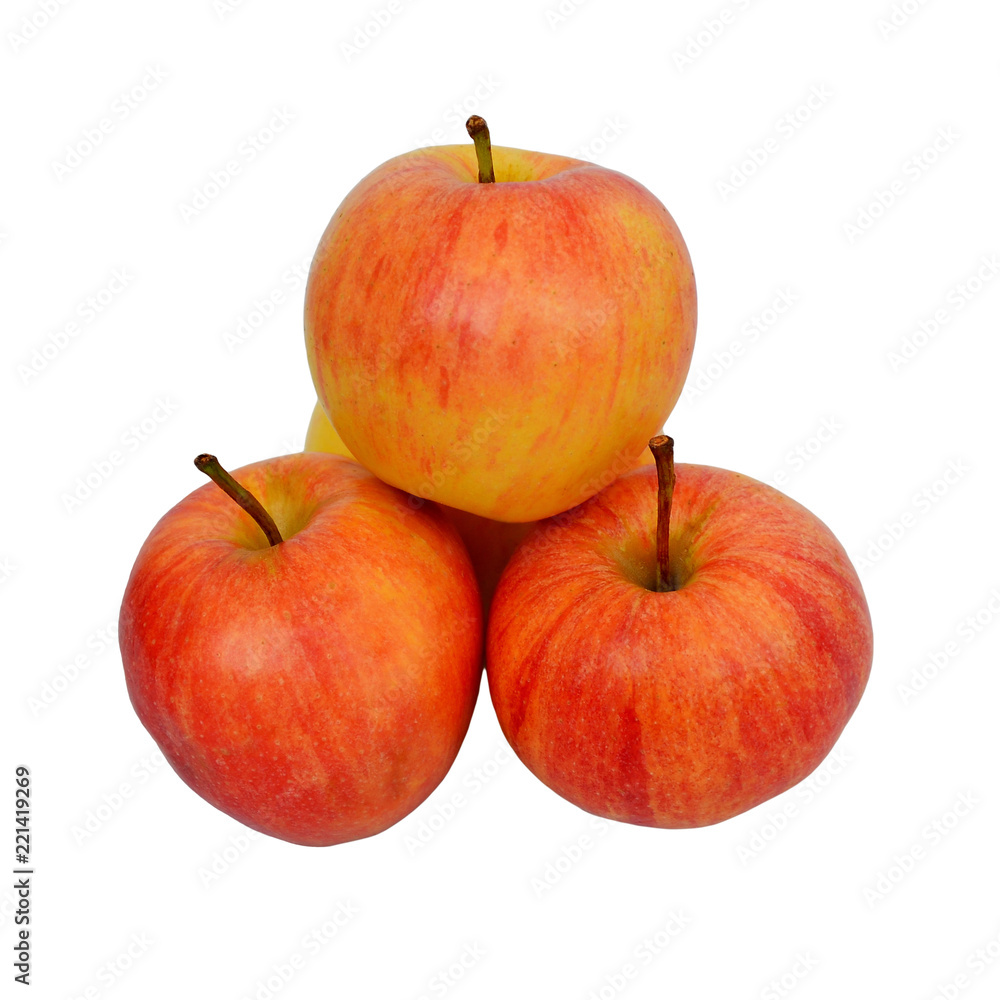 Pyramid of ripe juicy yellow-red sweet apples, front view, isolated on white background Pyramid of ripe juicy yellow-red sweet apples, front view, isolated on white background