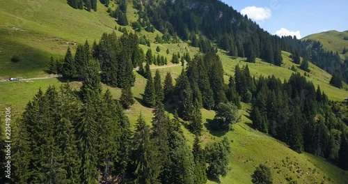 aerial drone footage of green alpine meadows and alpine mountains taken in the tyrol region of austria near kitzbuhel