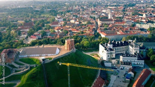 Gediminas' Tower (Gedimino pilies bokštas) is the remaining part of the Upper Castle in Vilnius, Lithuania., Aerial Timelapse photo