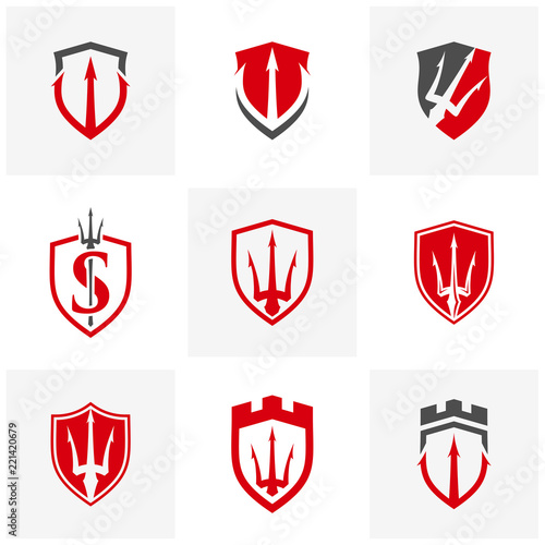 Set of Trident with Shield logo design vector