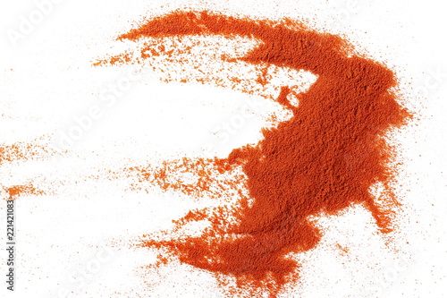 Pile of red paprika powder isolated on white, top view