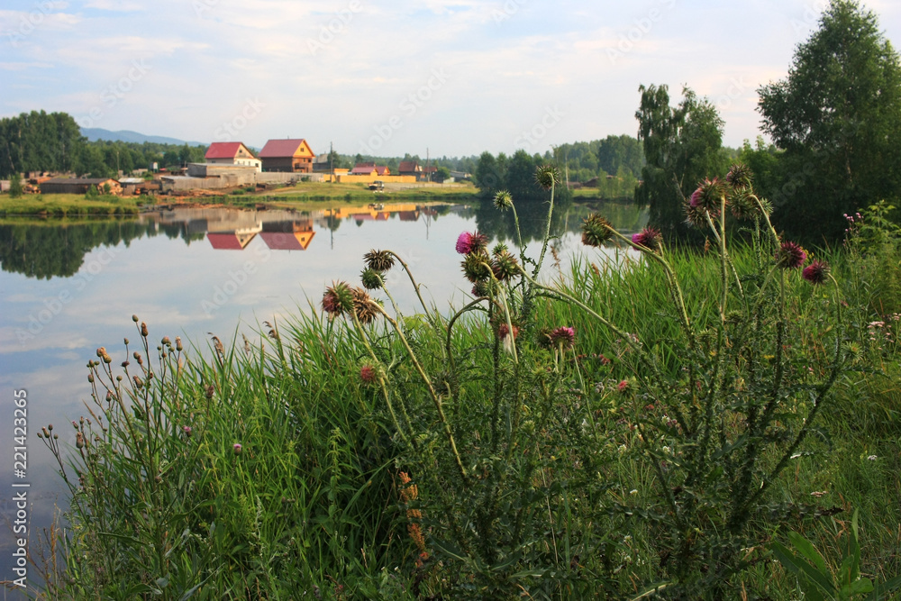 The village on the shore of the pond The village on the shore of the pond