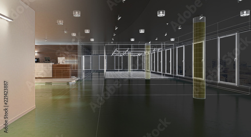 Panoramica di un centro commerciale vuoto, rendering 3d, illustrazione 3d