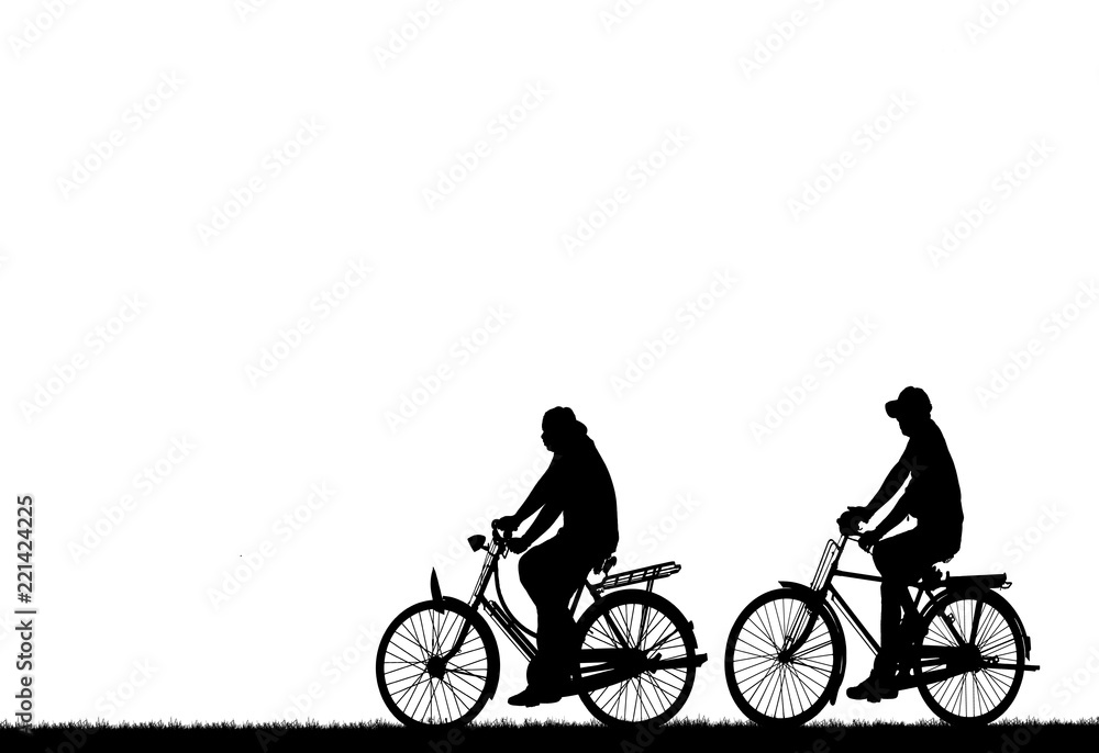 Silhouette group friend and bike relaxing on white background Silhouette group friend and bike relaxing on white background