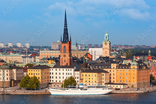 Scenic summer aerial view of Gamla Stan in the Old Town in Stockholm, capital of Sweden