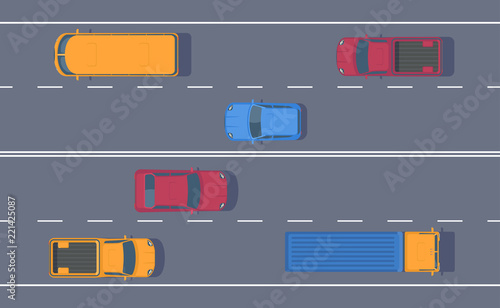 Road traffic. Free flow of machines on a multi-lane road. Different car on highway. photo