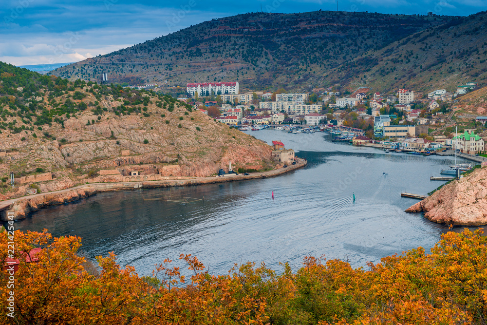 Fototapeta premium Balaclava, the Crimean peninsula, beautiful rocky mountains and the city on the shore of the bay, Russia