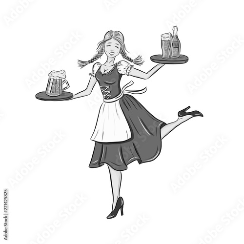 Oktoberfest outline illustration of smiling girl in traditional german costume with beer on tray. Dancing bavarian waitress for holiday poster, banner. logo, icon, invitation, greeting card.