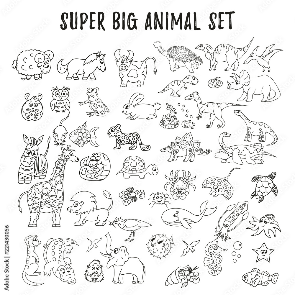 Big set of different vector animals. Dinosaur, lion, giraffe, elephant. Big set of different vector animals. Dinosaur, lion, giraffe, elephant.