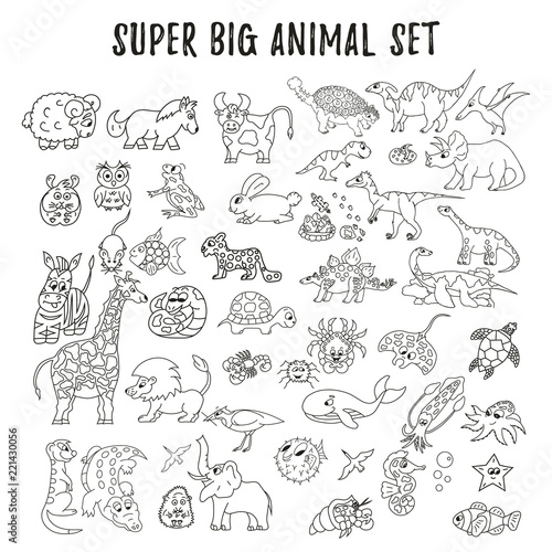 Big set of different vector animals. Dinosaur  lion  giraffe  elephant.