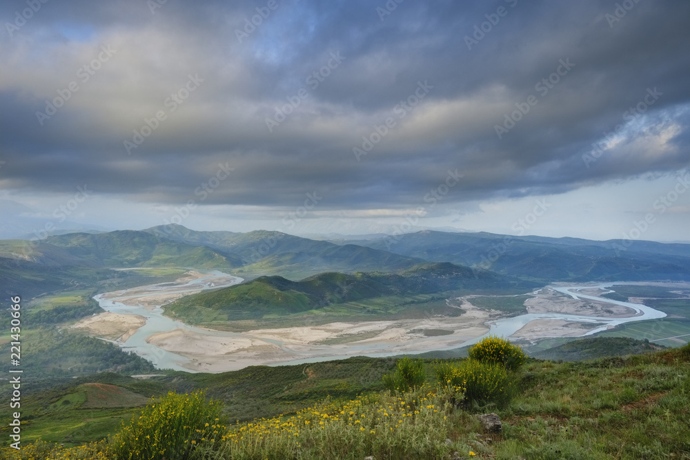 Albania, Fier County, View from Byllis to Aooes river in the morning light