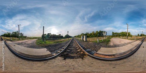 full seamless spherical panorama 360 by 180 angle view near railroad crossing in equirectangular projection, ready VR virtual reality content