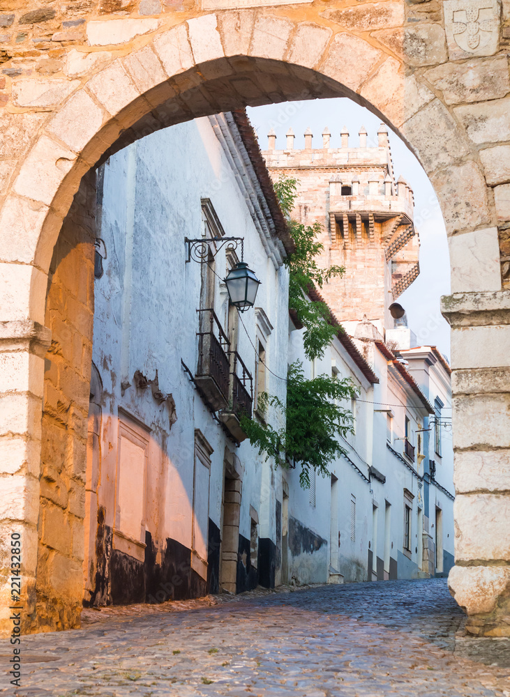 13th century entrance to the Estremoz Castle in Estremoz, Portugal. Three Crowns tower in the background