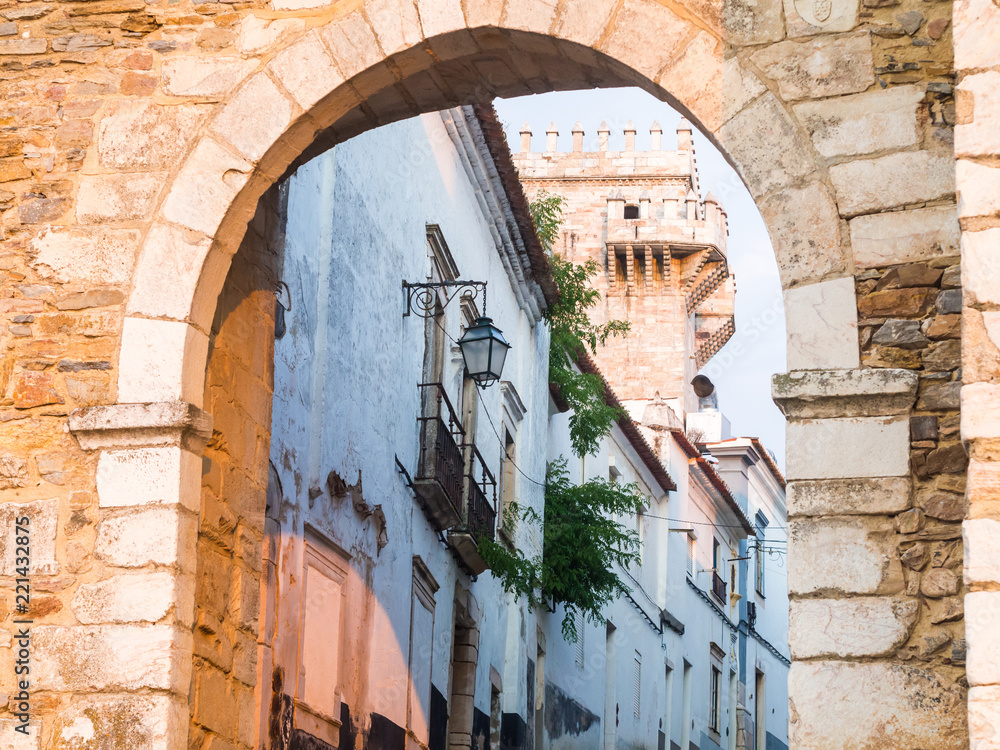 13th century entrance to the Estremoz Castle in Estremoz, Portugal. Three Crowns tower in the background