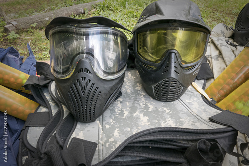 set of equipment and uniform for paintball games