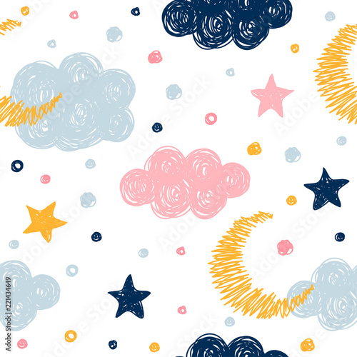 Abstract handmade seamless pattern background. Childish handcrafted wallpaper for design card, baby nappy, diaper, scrapbook, holiday wrapping paper, textile, bag print, t shirt etc.
