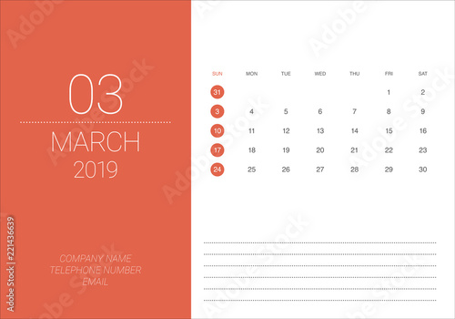 March 2019 desk calendar vector illustration