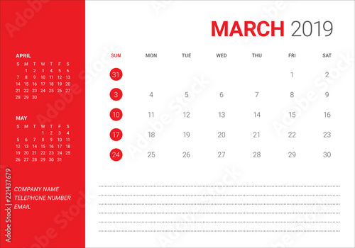 March 2019 desk calendar vector illustration