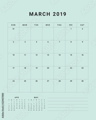 March 2019 desk calendar vector illustration