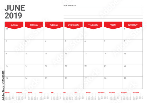 June 2019 desk calendar vector illustration