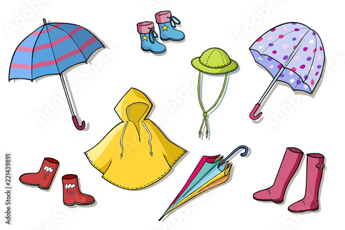 Rainy weather clothes set of illustrations