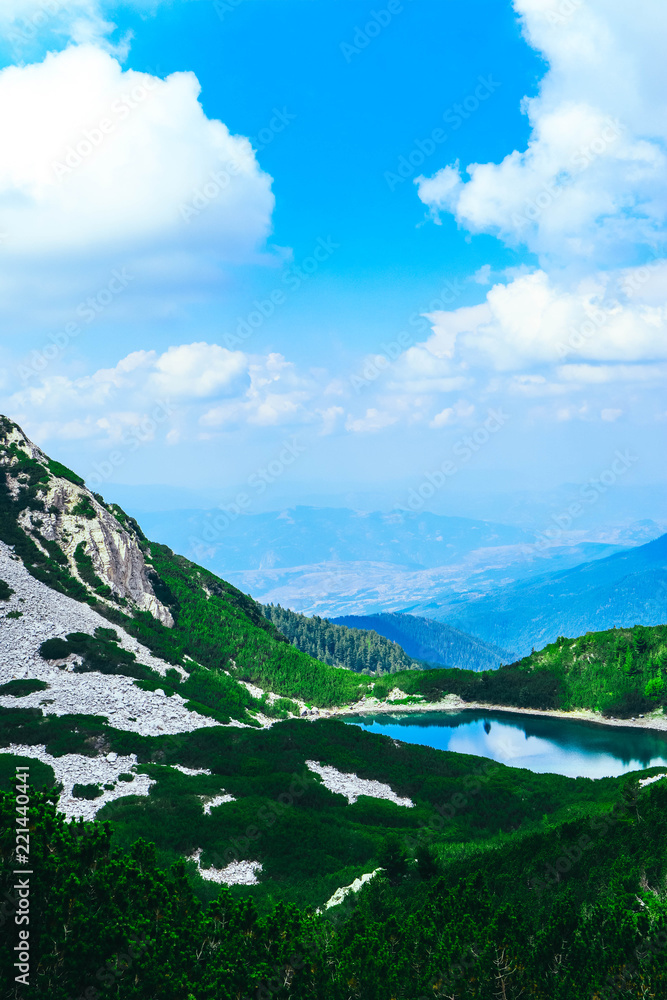 Obraz premium Amazing alpine mountain landscape, cottage and lake. Europe, Bulgaria, Pirin mountains.